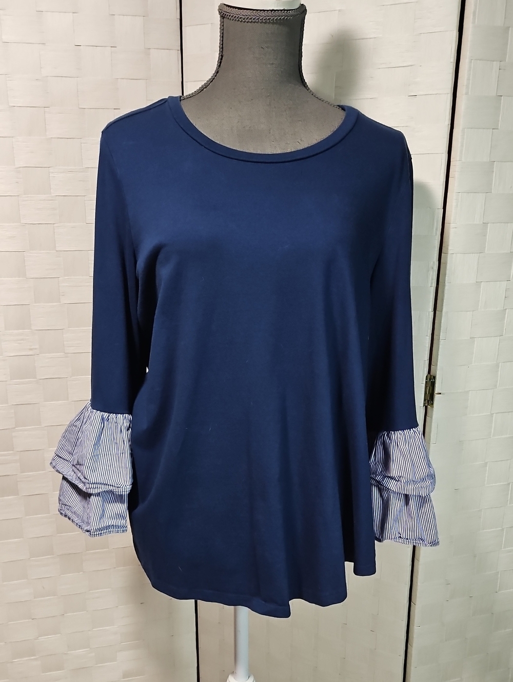 DG2 by Diane Gilman Navy Long Sleeve Top with Striped Ruffle Cuffs